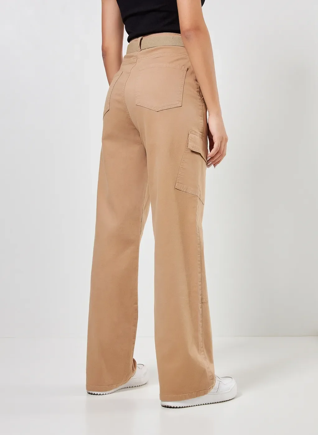 Calça Wide Leg Cargo Caqui Com Cinto