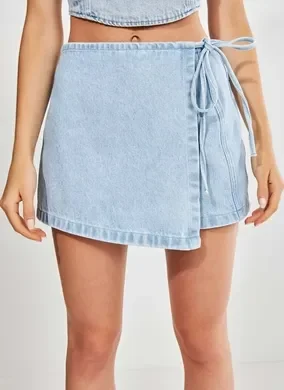 Short Saia Assimétrico Jeans Claro