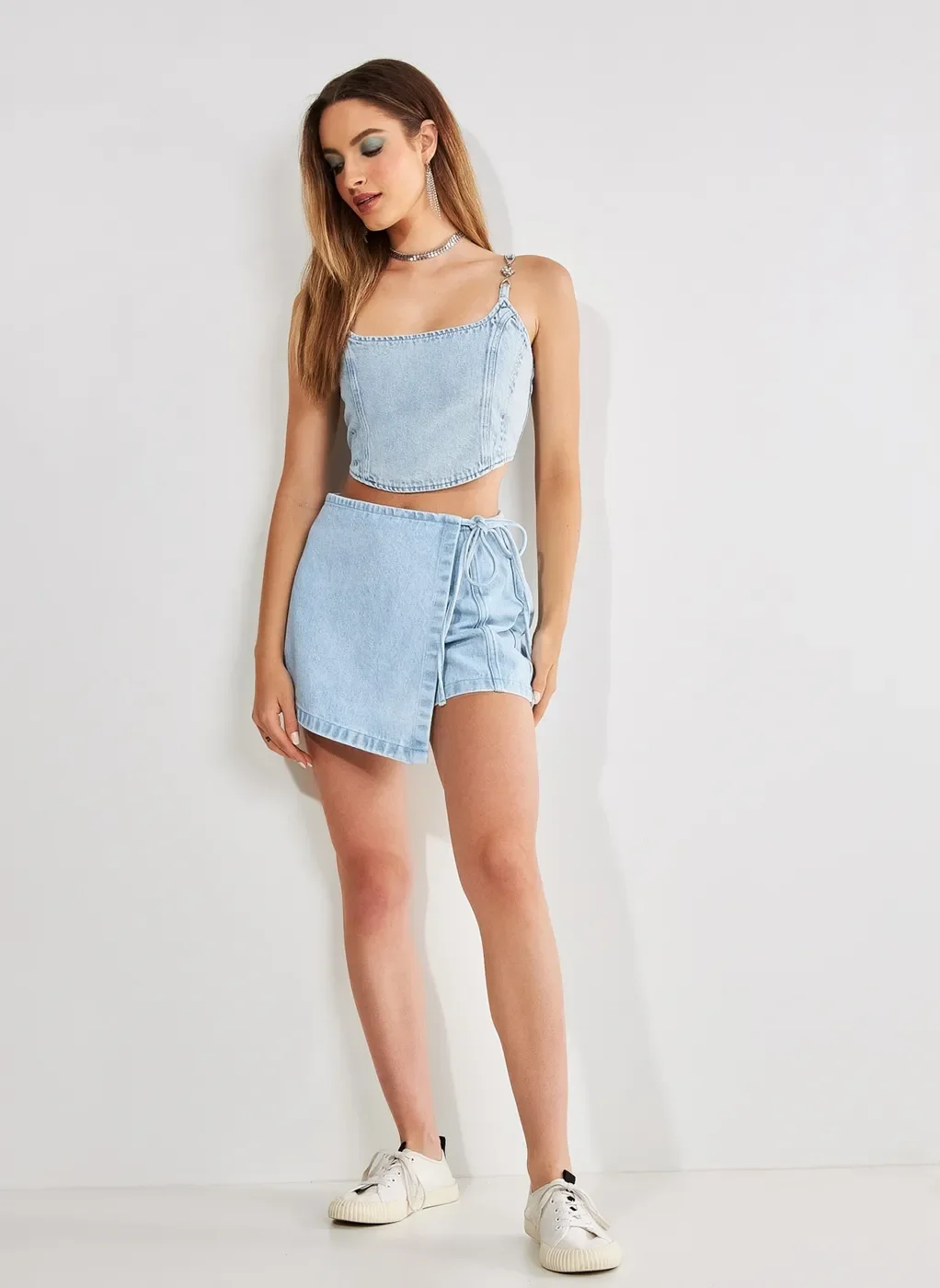 Short Saia Assimétrico Jeans Claro