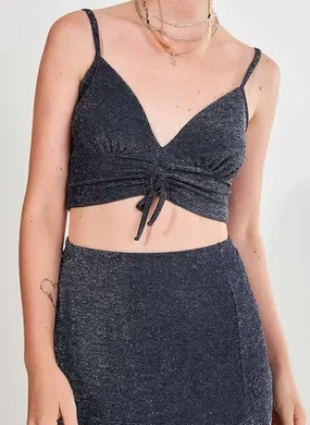 Top Cropped De Lurex Azul Marinho