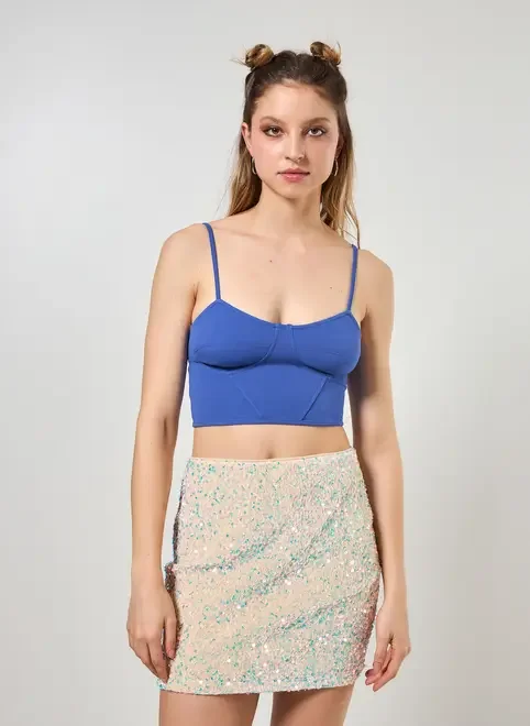 Cropped Corselet Em Malha Azul