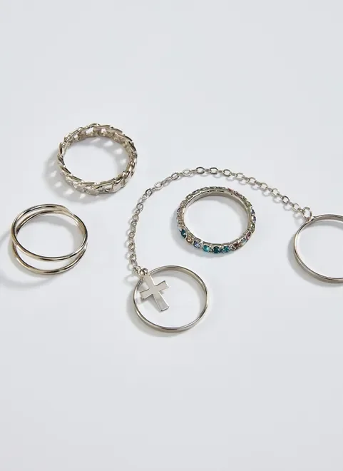 Kit Anéis Prateados Com Corrente