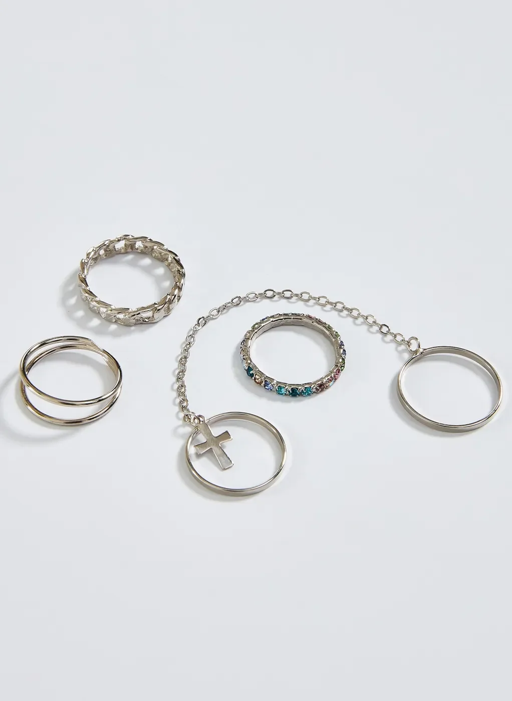 Kit Anéis Prateados Com Corrente