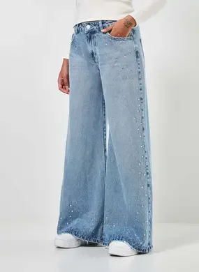 Calça Jeans Pantalona Cintura Baixa Brilhos