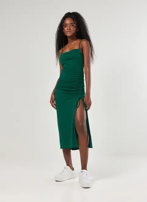 Vestido Midi Com Fenda E Franzido