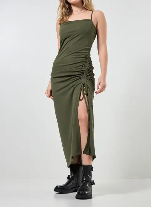 Vestido Midi Com Fenda E Franzido