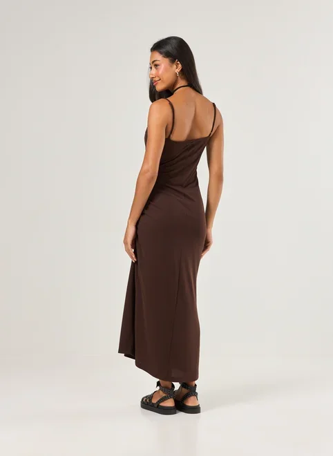 Vestido Midi Com Fenda E Franzido