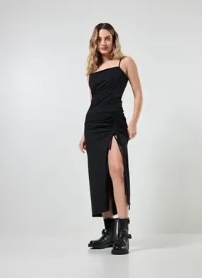 Vestido Midi Com Fenda E Franzido