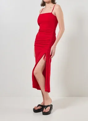 Vestido Midi Com Fenda E Franzido