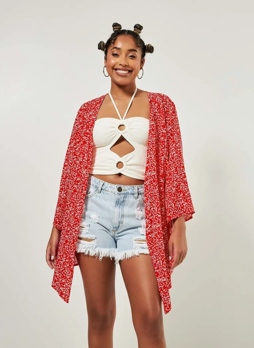 Kimono Vermelho Com Florzinhas