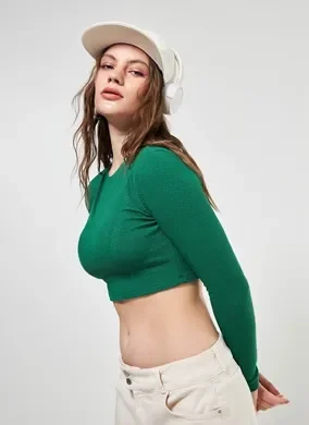 Blusa Cropped De Manga Longa Malha Crepe