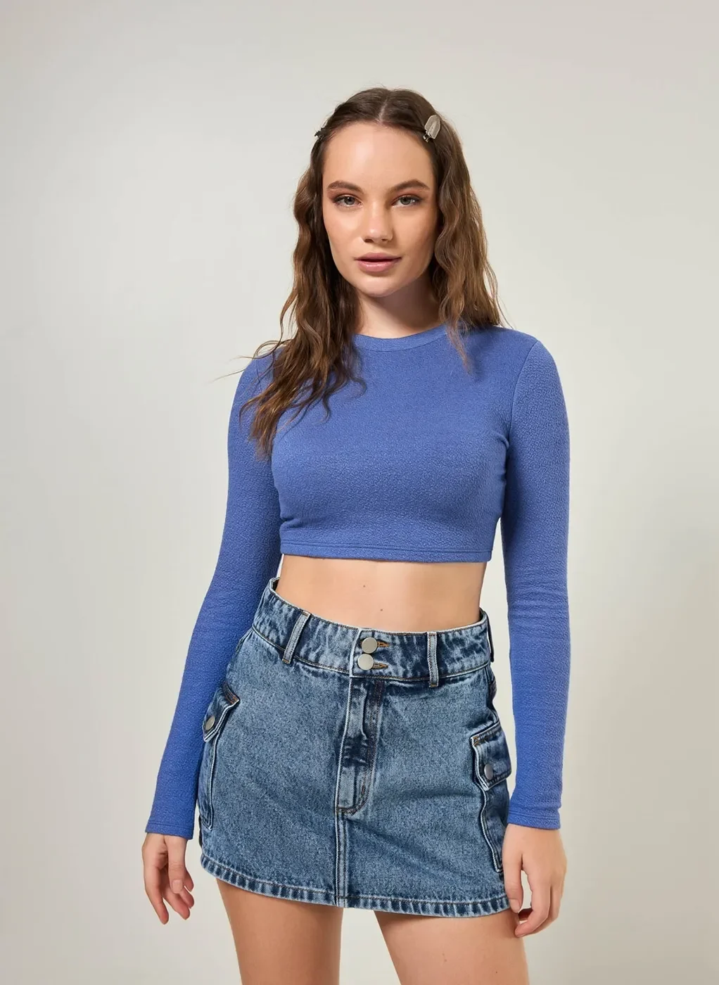 Blusa Cropped De Manga Longa Malha Crepe