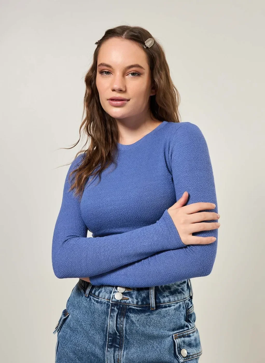 Blusa Cropped De Manga Longa Malha Crepe