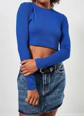 Blusa Cropped De Manga Longa Em Ribana