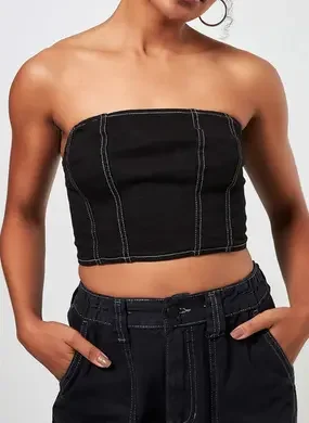 Cropped Em Sarja Sem Alça