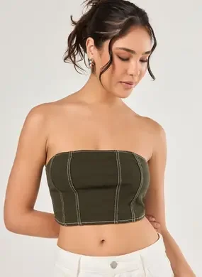 Cropped Em Sarja Sem Alça