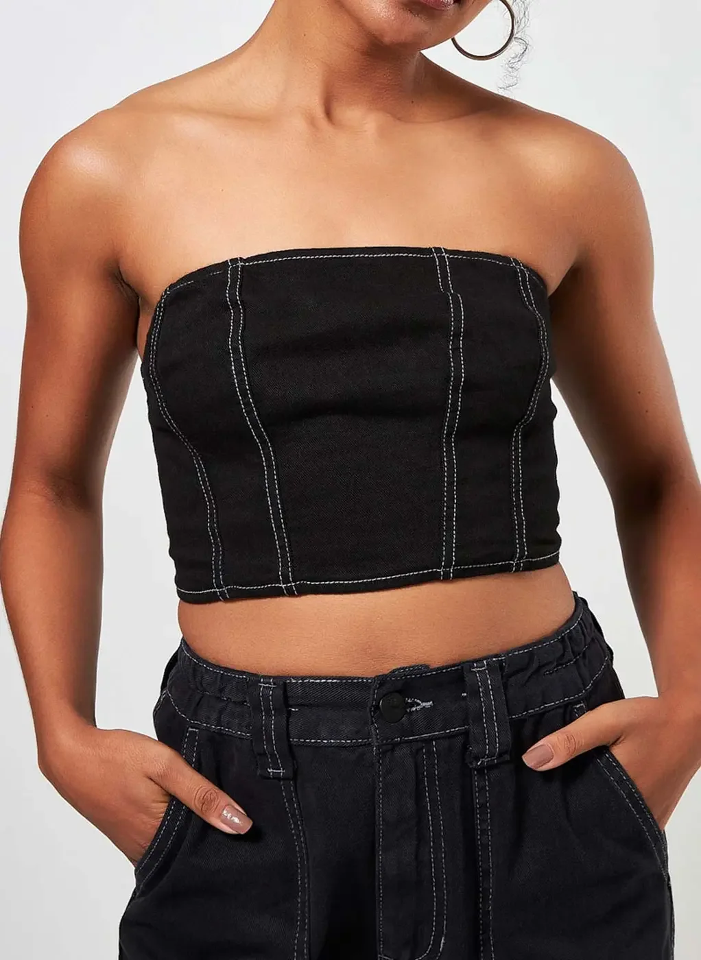 Cropped Em Sarja Sem Alça