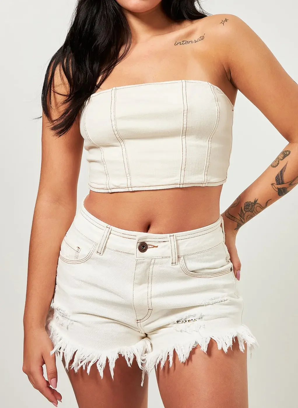 Cropped Em Sarja Sem Alça