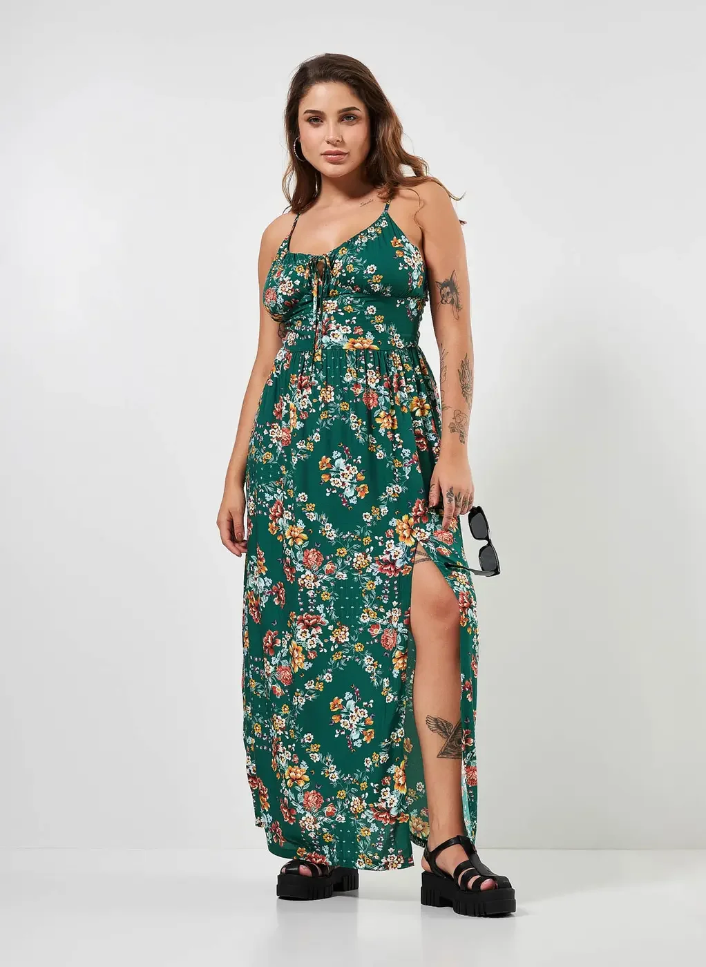 Vestido Midi Verde Com Floral