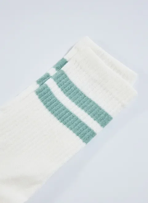 Meia Off-White Com Listras Verde Água