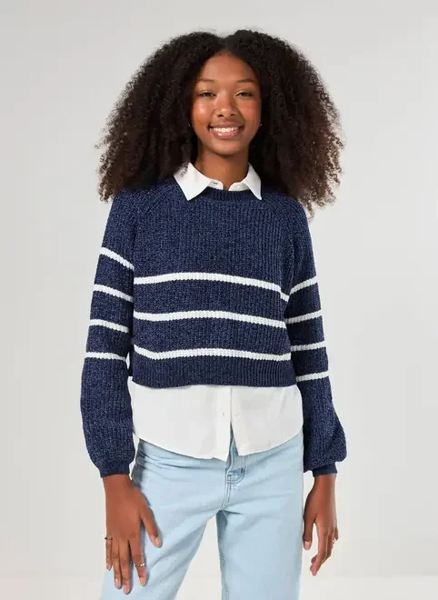 Tricô Manga Longa Marinho Com Listras