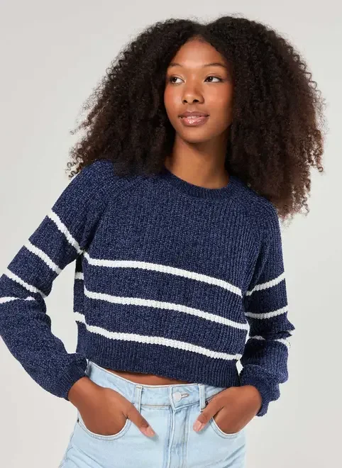 Tricô Manga Longa Marinho Com Listras