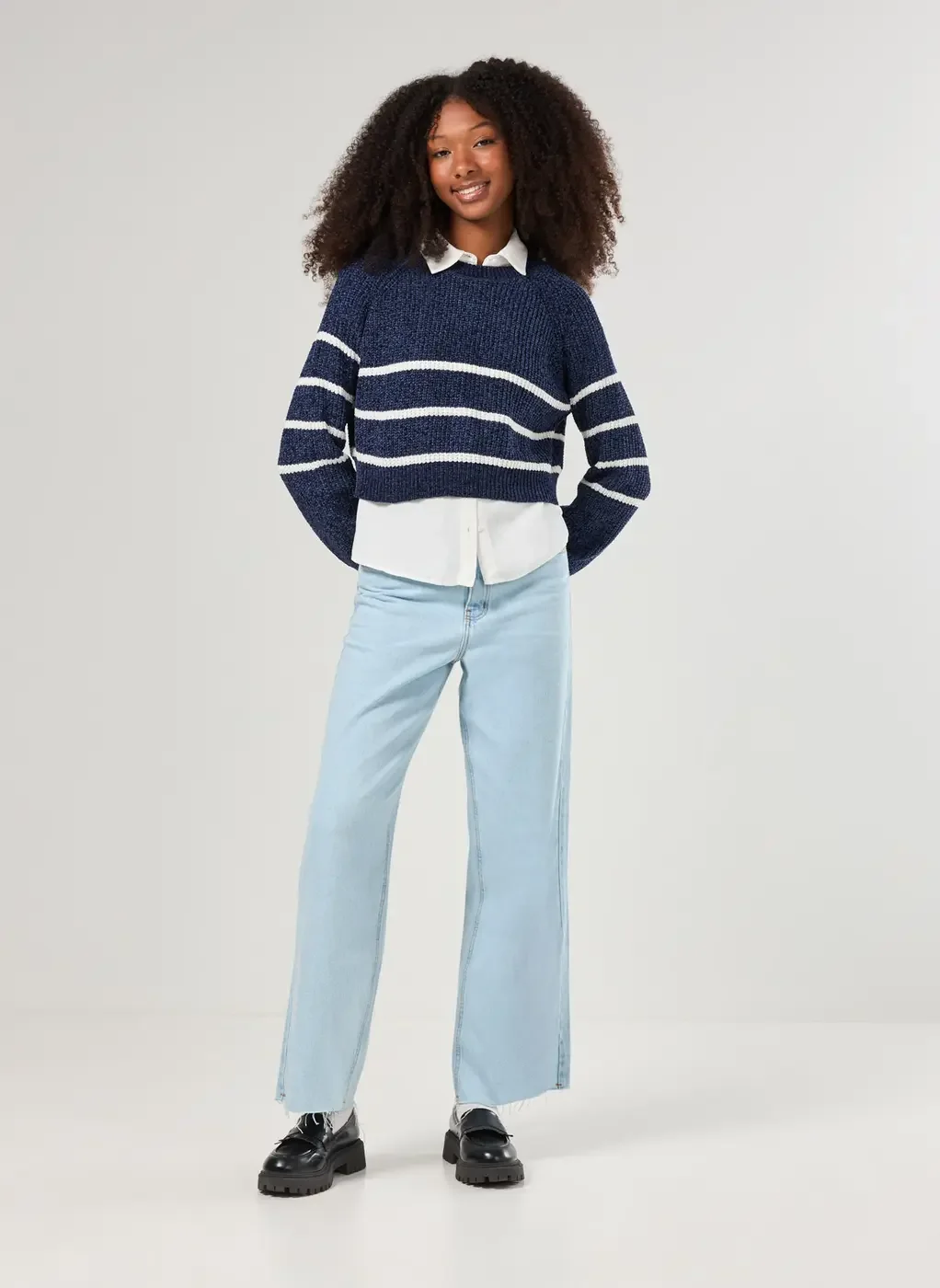 Tricô Manga Longa Marinho Com Listras