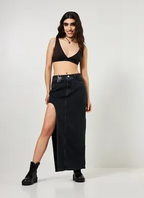 Saia Midi Jeans Preta Com Fenda Aberta
