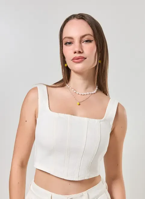 Cropped Corselet Em Sarja Branca