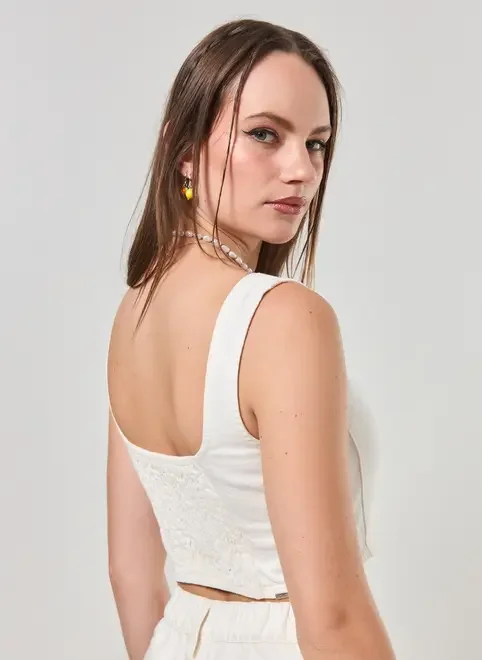 Cropped Corselet Em Sarja Branca