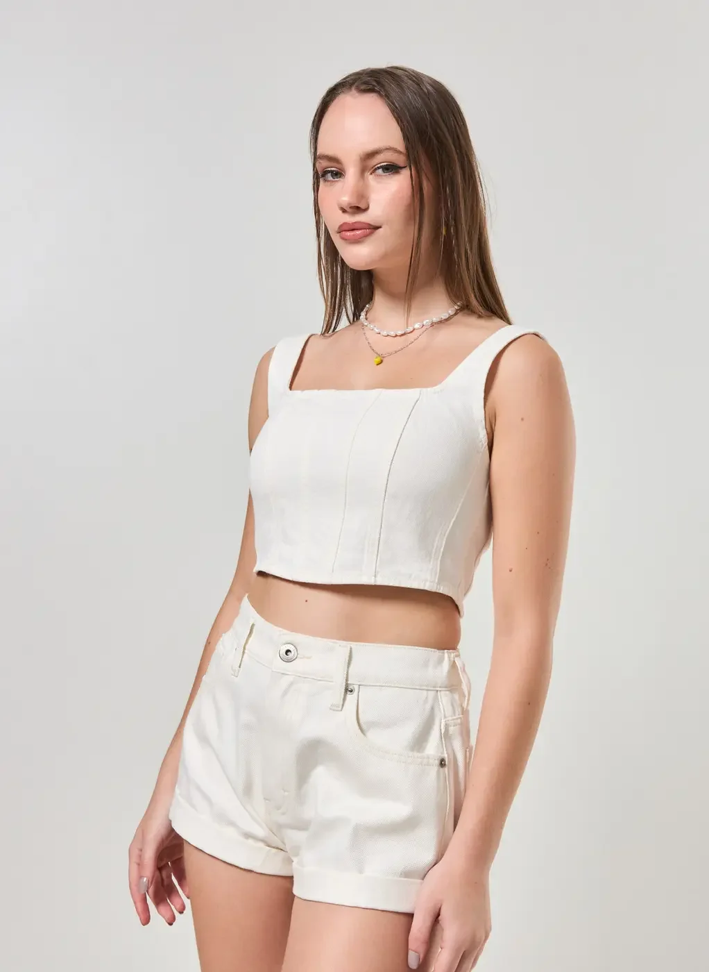 Cropped Corselet Em Sarja Branca