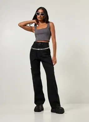 Calça Wide Leg Cargo Em Jeans Preto