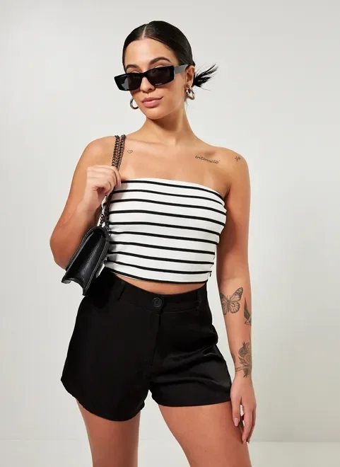 Cropped Sem Alças Em Malha Listrada