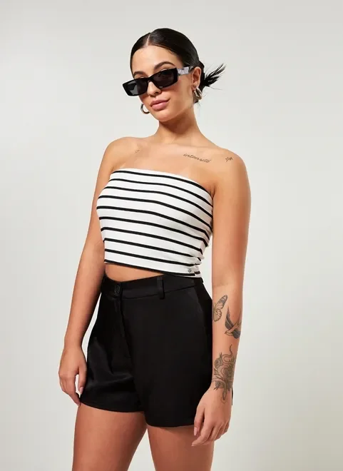 Cropped Sem Alças Em Malha Listrada