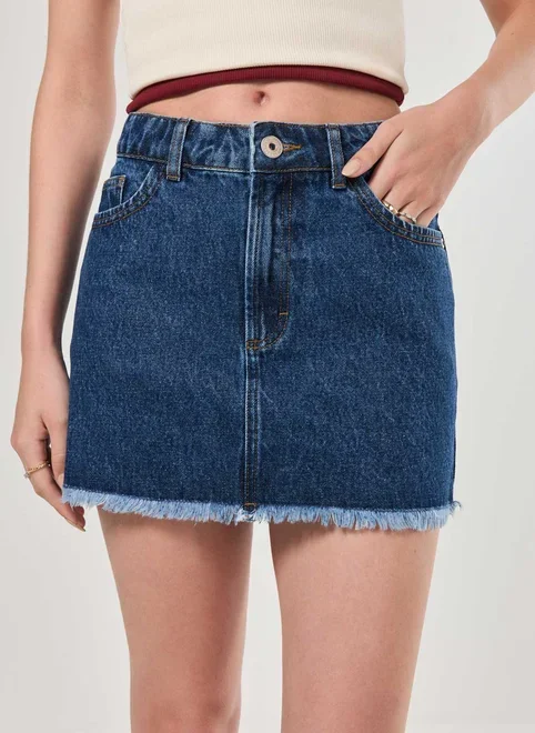 Saia Jeans Barra Desfiada Cintura Média