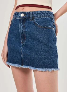 Saia Jeans Barra Desfiada Cintura Média