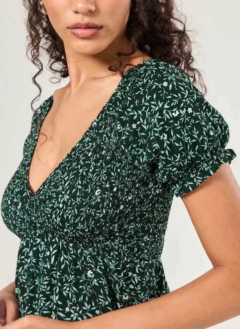 Cropped Manguinha Bufante Verde Estampado