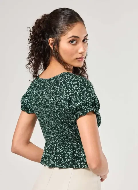 Cropped Manguinha Bufante Verde Estampado