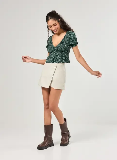 Cropped Manguinha Bufante Verde Estampado