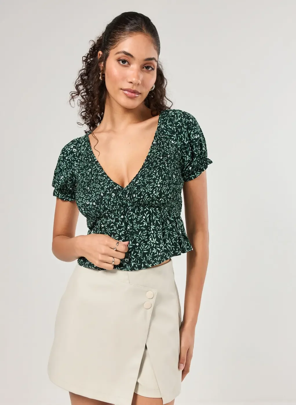 Cropped Manguinha Bufante Verde Estampado