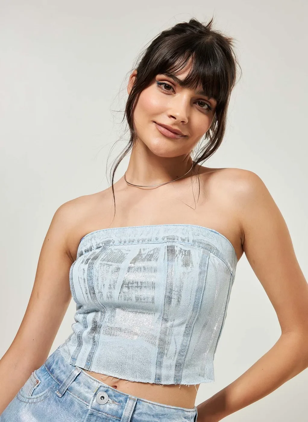 Cropped Jeans Com Foil Metalizado