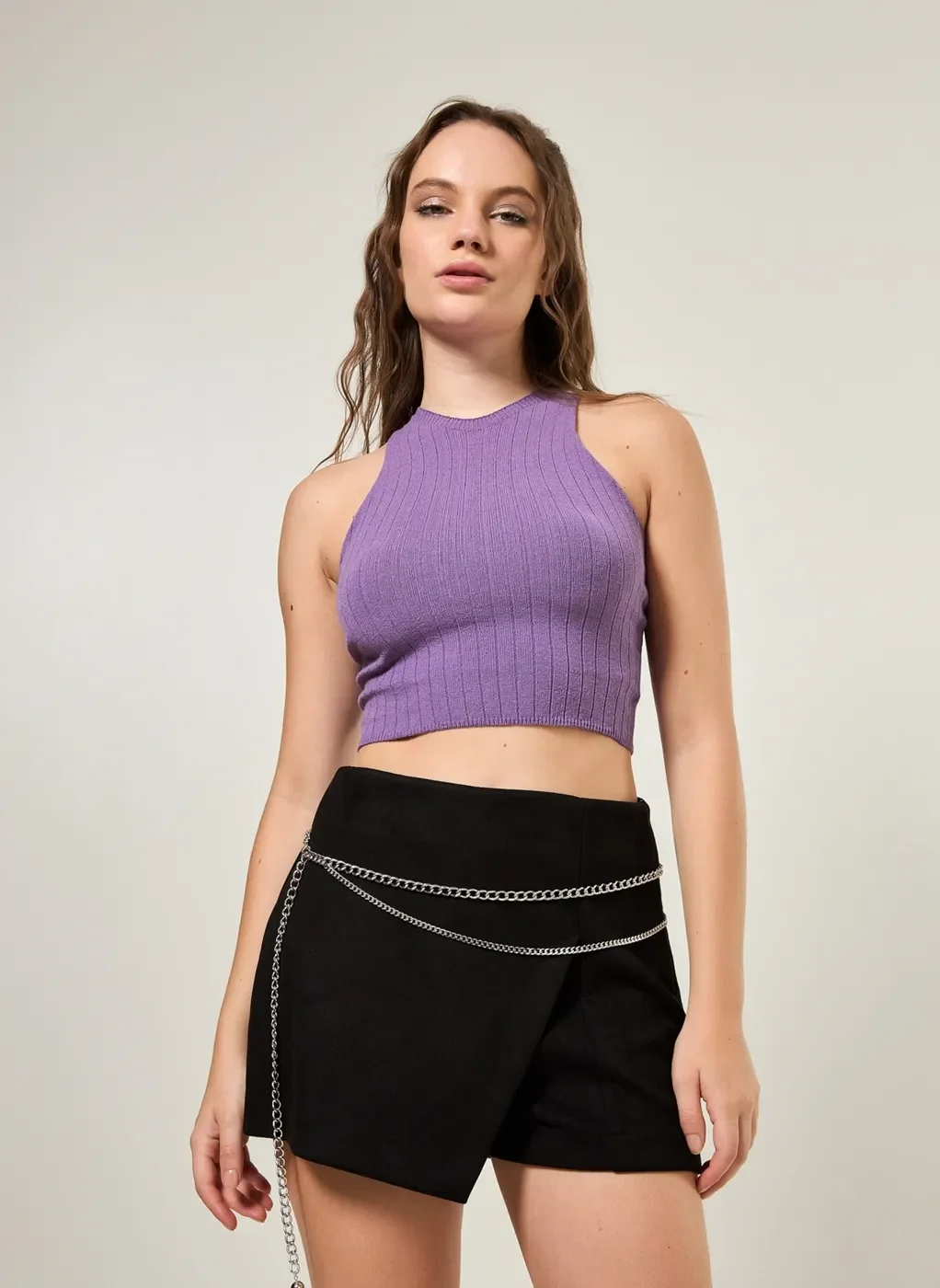 Cropped Halter Em Tricô Roxo