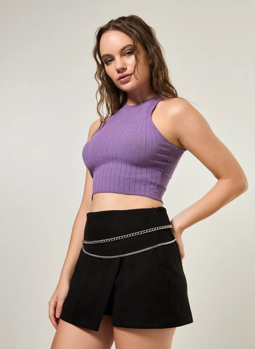 Cropped Halter Em Tricô Roxo