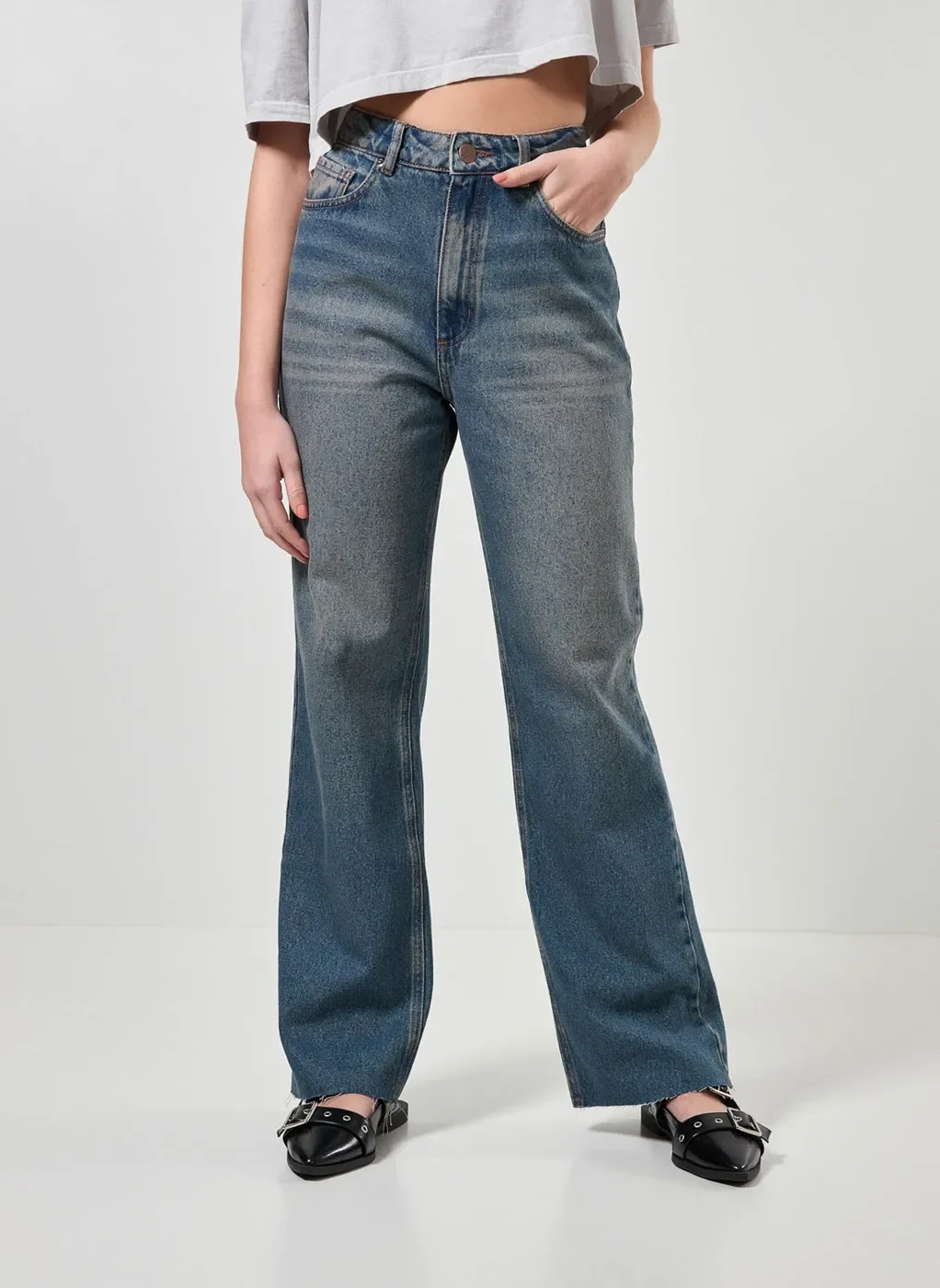 Calça Wide Leg Jeans De Cintura Alta