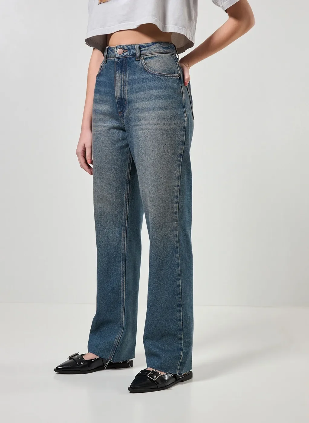 Calça Wide Leg Jeans De Cintura Alta