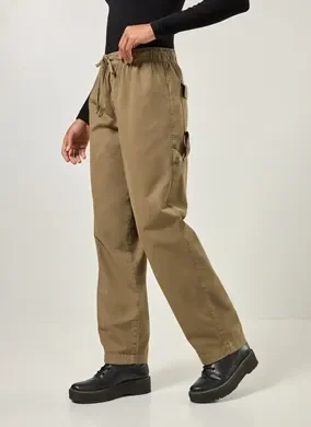 Calça Wide Leg Em Sarja Verde Militar