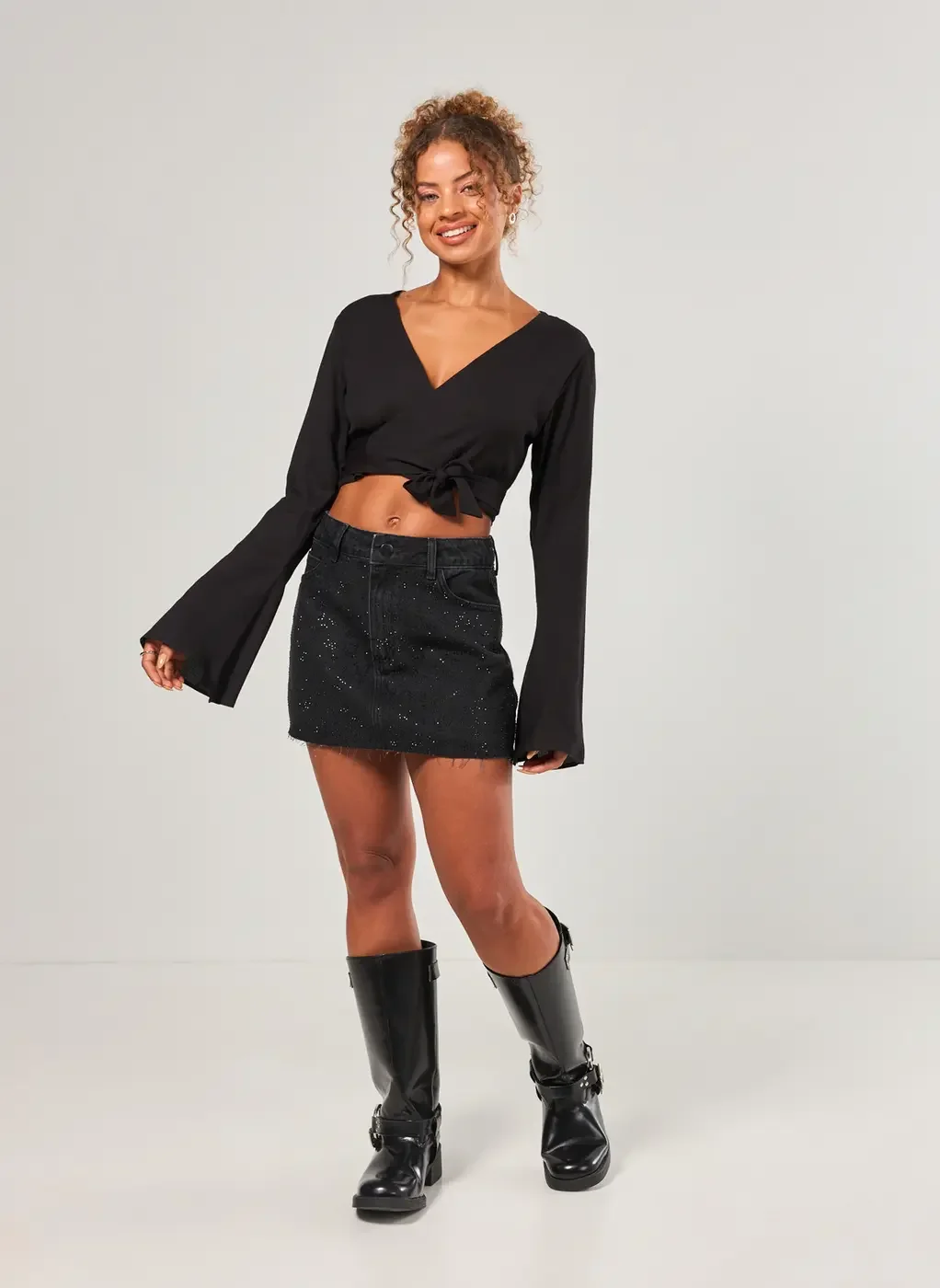 Saia Jeans Com Strass Oncinha