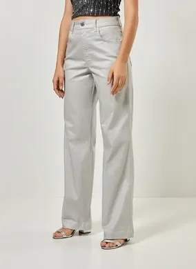 Calça Wide Leg Em Sarja Prateada