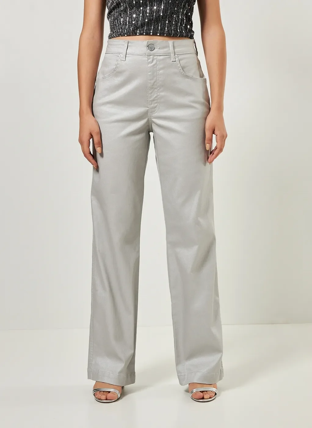 Calça Wide Leg Em Sarja Prateada