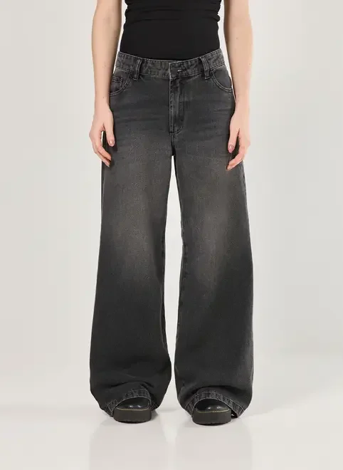 Calça Wide Leg Jeans De Cintura Baixa